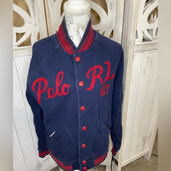 Polo Ralph Lauren Sweatshirt Men's Medium Blue Varsity Snap Button Logo